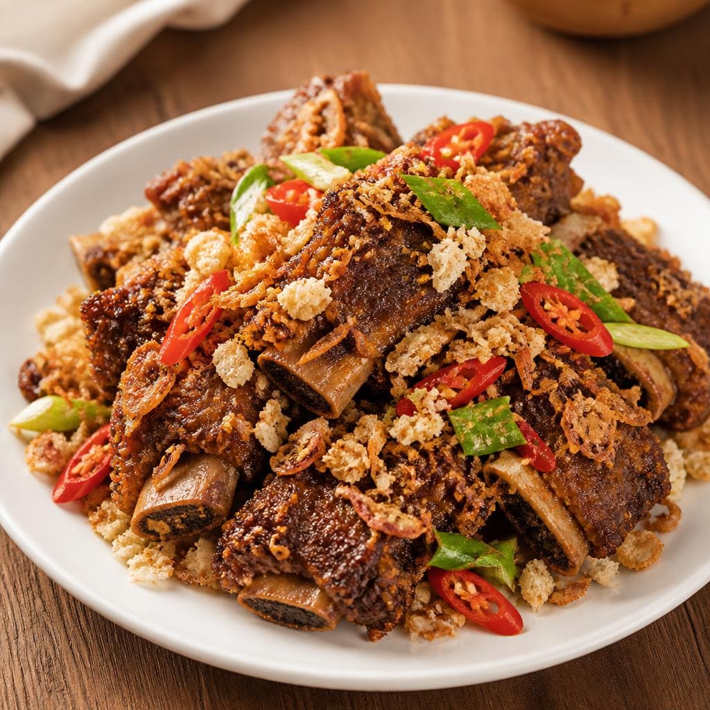 Iga Konro Goreng Te Sate dengan iga berbumbu dan rasa gurih khas
